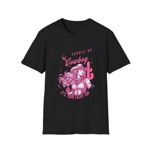 Womens Saddle Up Cowboy Lucky‎ Day Graphic Tee Pink Western Style | Black XS